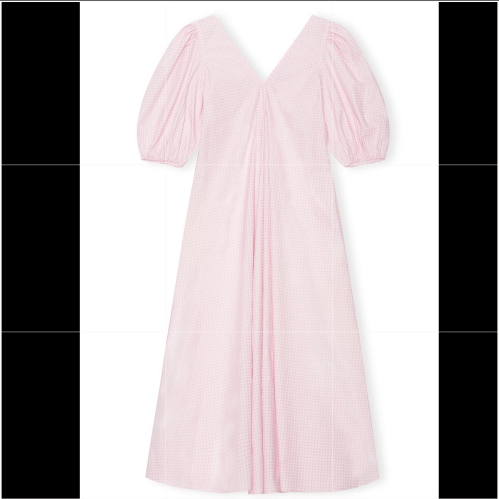 Ganni Pink Gingham Puff Sleeve Midi Dress Sz 34